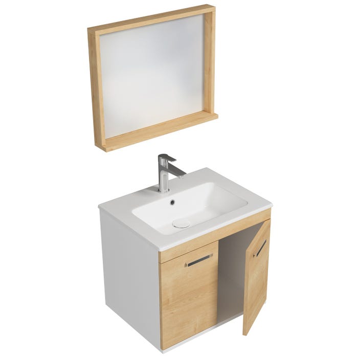 RUBITE Meuble salle de bain simple vasque 2 portes chêne clair largeur 60 cm + miroir cadre 1