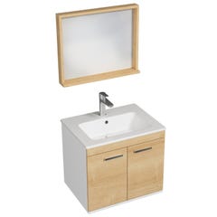 RUBITE Meuble salle de bain simple vasque 2 portes chêne clair largeur 60 cm + miroir cadre 0