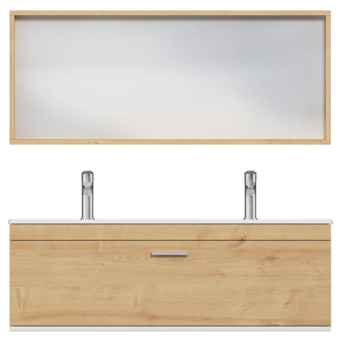 RUBITE Meuble salle de bain double vasque 1 tiroir chêne clair largeur 120 cm + miroir cadre 4