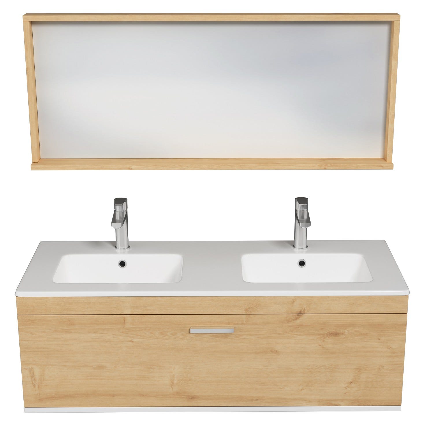 RUBITE Meuble salle de bain double vasque 1 tiroir chêne clair largeur 120 cm + miroir cadre 3