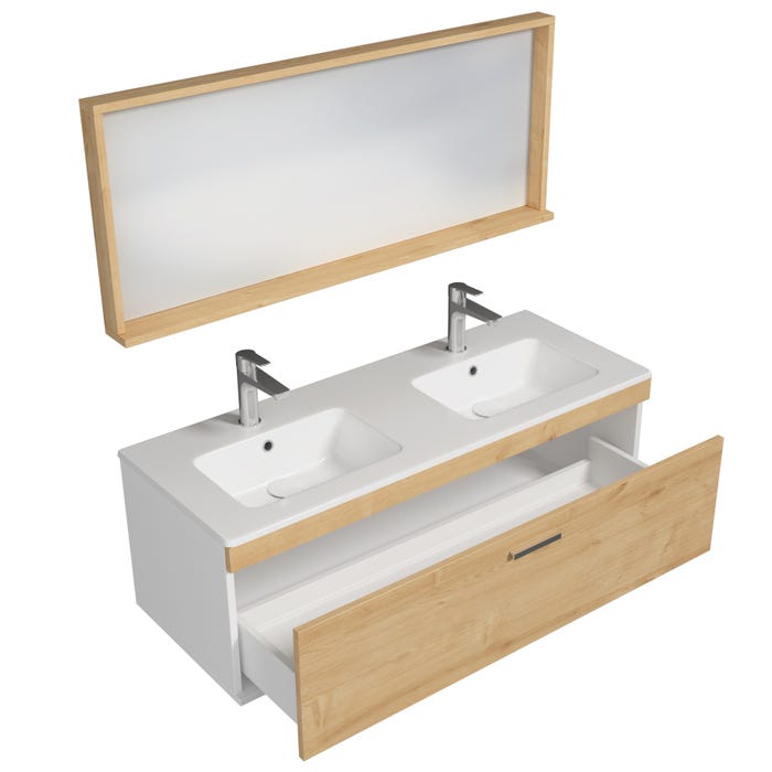 RUBITE Meuble salle de bain double vasque 1 tiroir chêne clair largeur 120 cm + miroir cadre 1