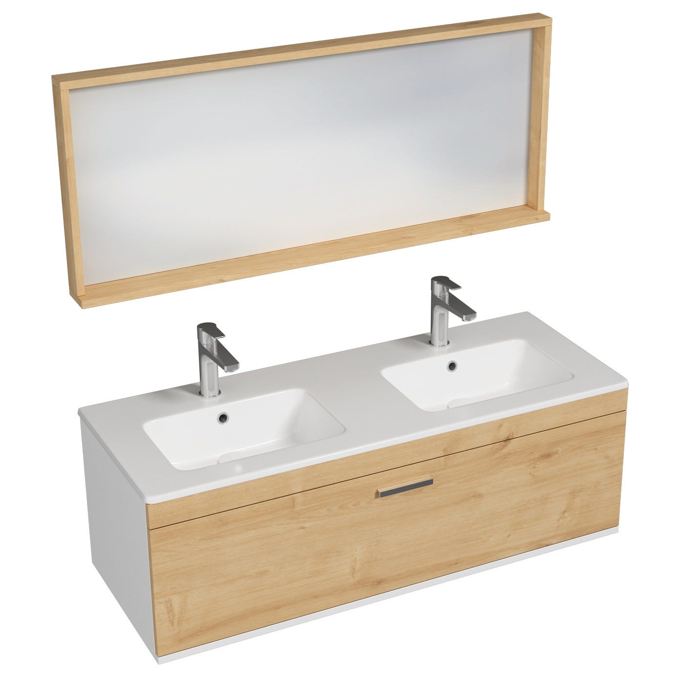 RUBITE Meuble salle de bain double vasque 1 tiroir chêne clair largeur 120 cm + miroir cadre 0