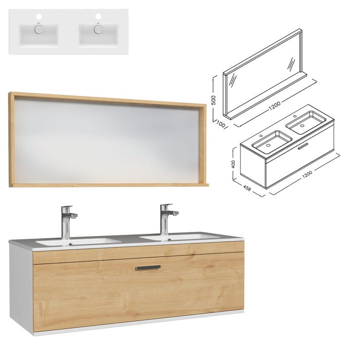 RUBITE Meuble salle de bain double vasque 1 tiroir chêne clair largeur 120 cm + miroir cadre 2