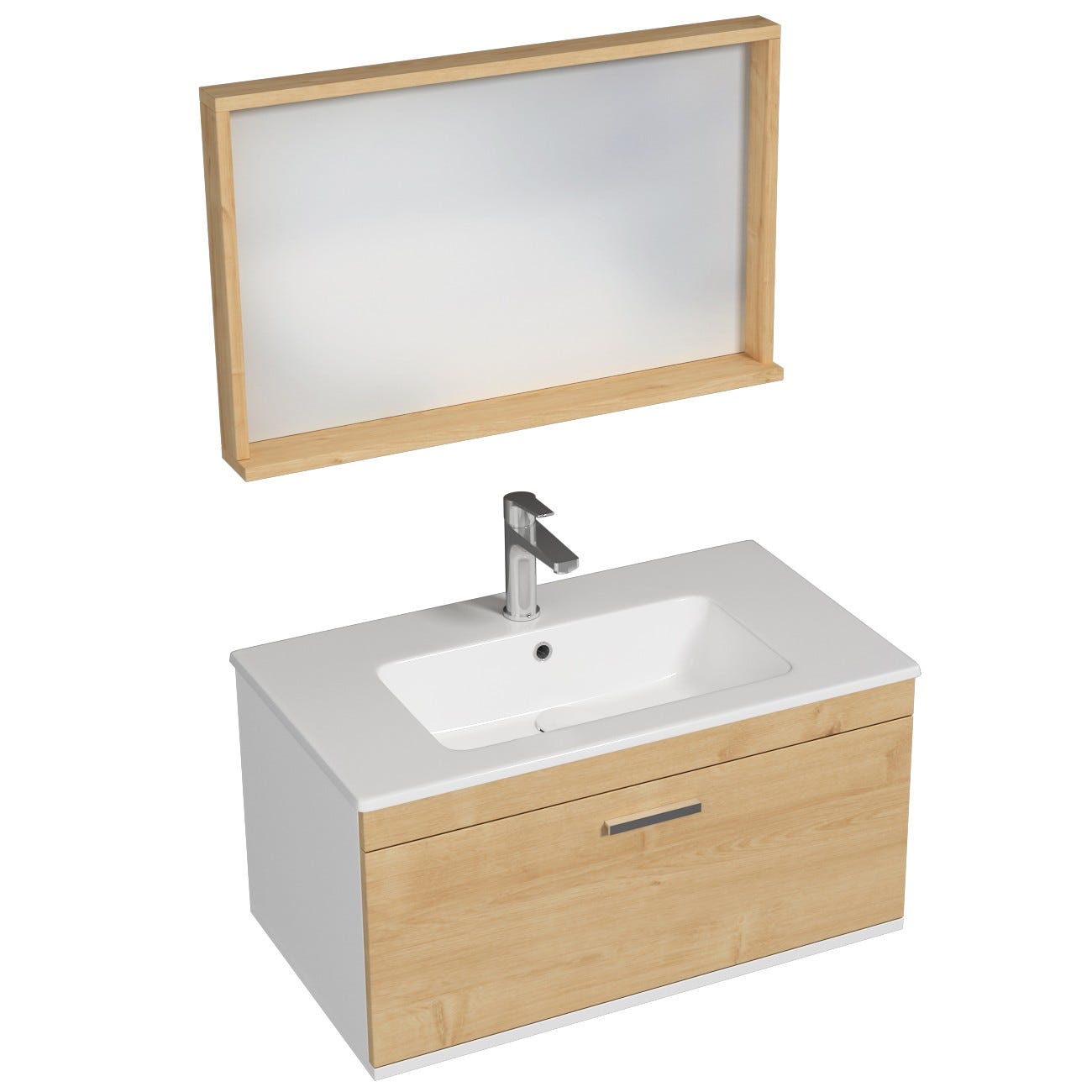 RUBITE Meuble salle de bain simple vasque 1 tiroir chêne clair largeur 80 cm + miroir cadre 1