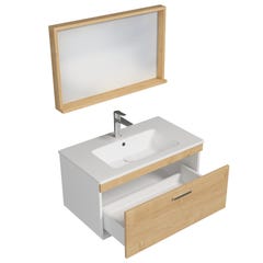 RUBITE Meuble salle de bain simple vasque 1 tiroir chêne clair largeur 80 cm + miroir cadre 2