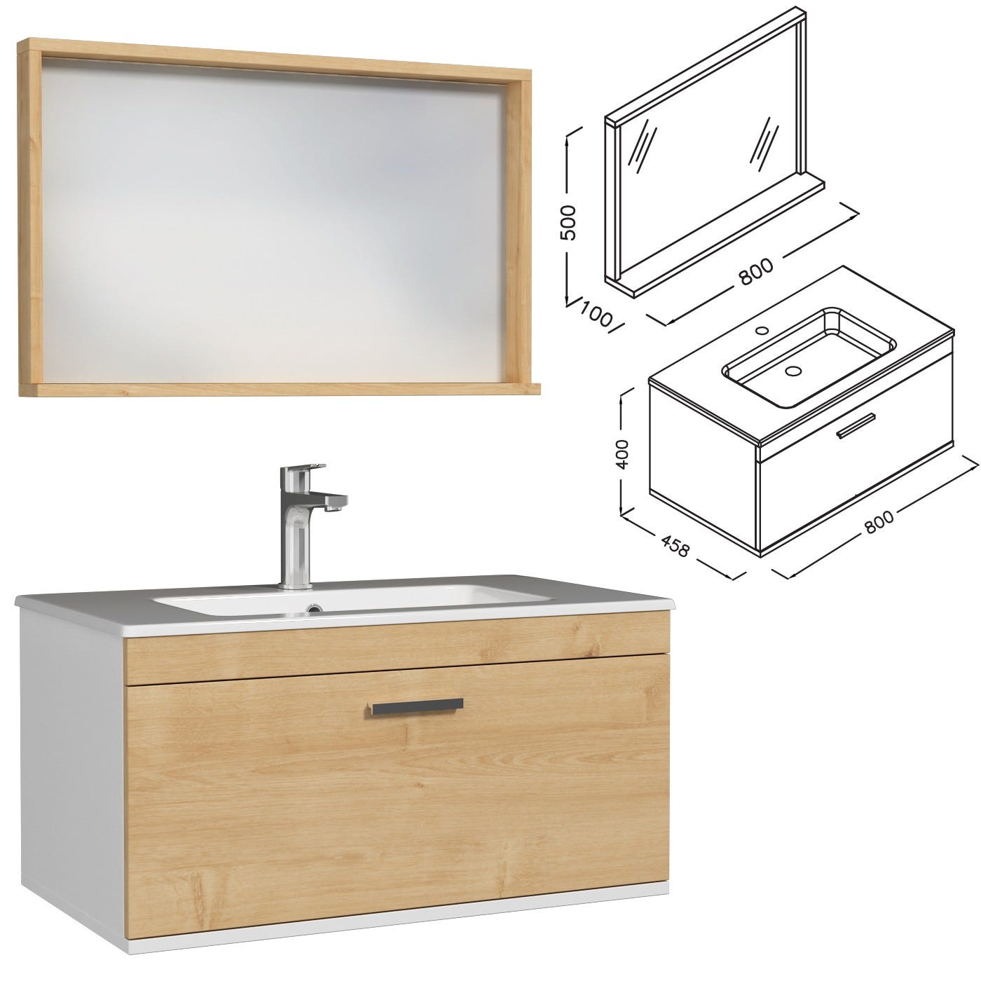 RUBITE Meuble salle de bain simple vasque 1 tiroir chêne clair largeur 80 cm + miroir cadre 3