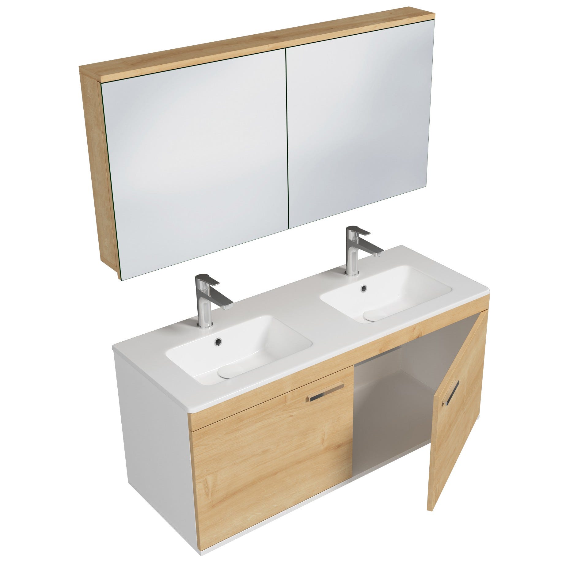 RUBITE Meuble salle de bain double vasque 2 portes chêne clair largeur 120 cm + miroir armoire 1