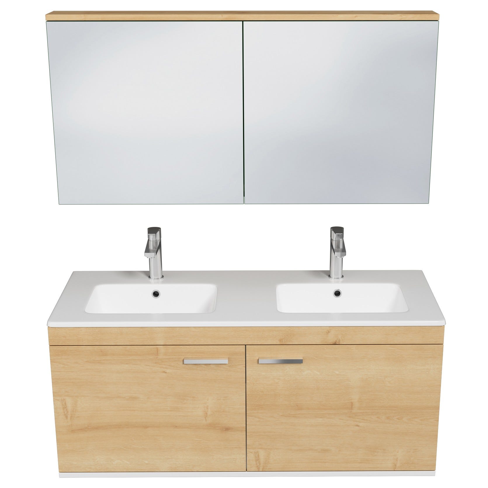 RUBITE Meuble salle de bain double vasque 2 portes chêne clair largeur 120 cm + miroir armoire 3