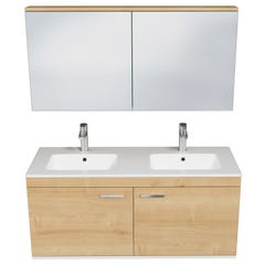 RUBITE Meuble salle de bain double vasque 2 portes chêne clair largeur 120 cm + miroir armoire 3