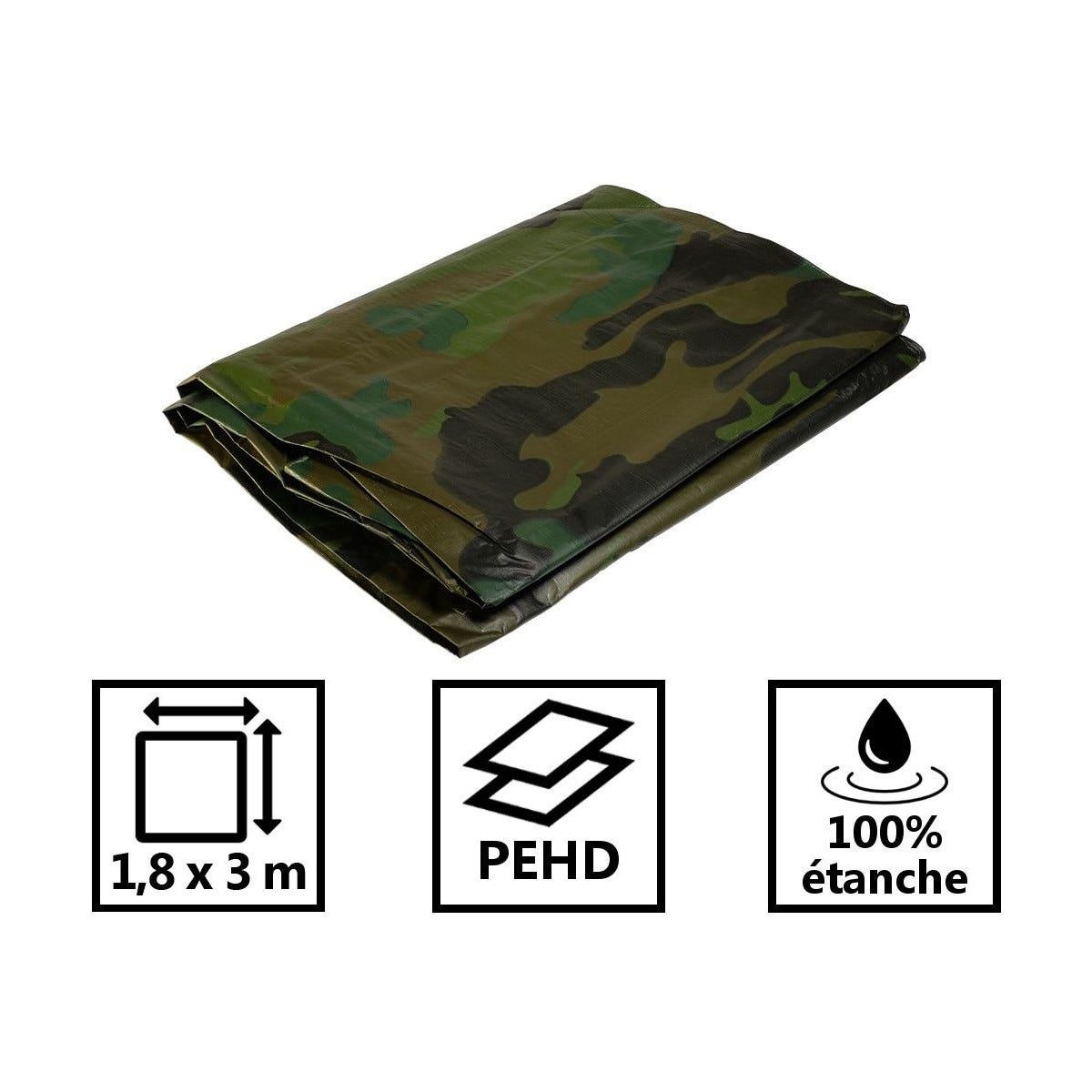 Bâche militaire 1,8x3 m 140g/m² Bâche camouflage de sol verte et noire Bâche de protection en polyéthylène 1