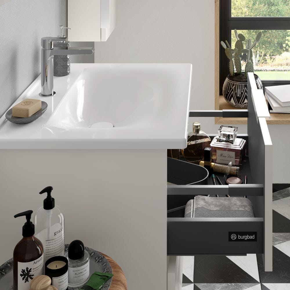 Meuble salle de bain simple vasque BURGBAD Olena 90 cm blanc brillant + miroir + colonne de salle de bain 2