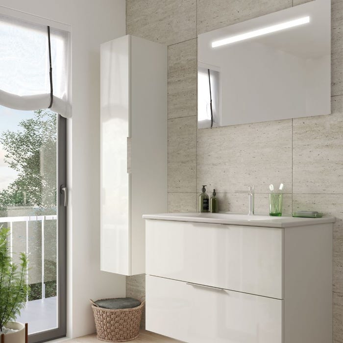 Meuble salle de bain simple vasque BURGBAD Olena 90 cm blanc brillant + miroir + colonne de salle de bain 1