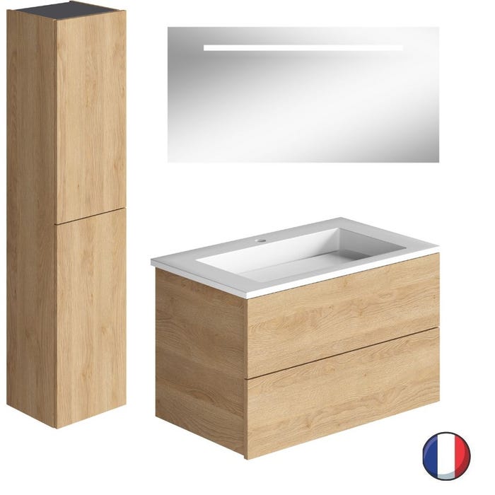 Meuble salle de bain simple vasque BURGBAD Cosmo 80 cm chêne cachemire + miroir + colonne chêne flanelle 0