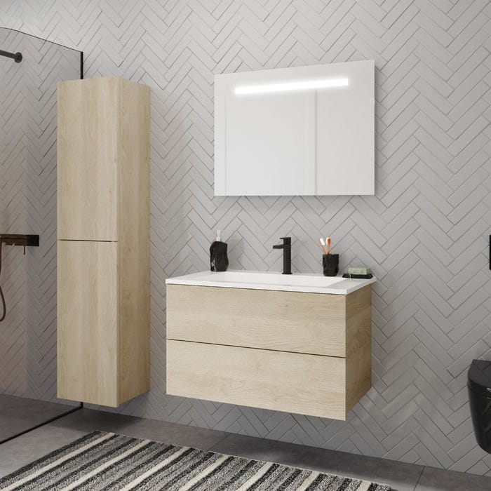 Meuble salle de bain simple vasque BURGBAD Cosmo 80 cm chêne cachemire + miroir + colonne chêne flanelle 1