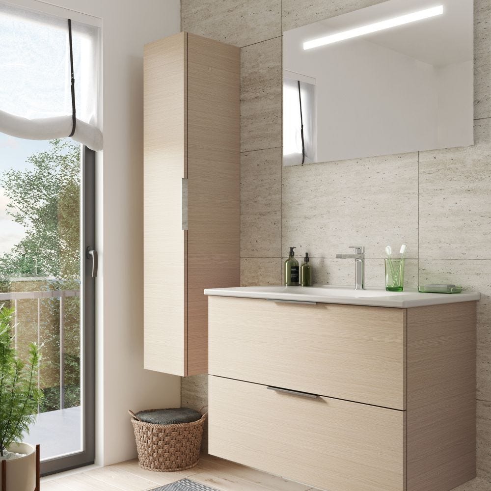 Meuble salle de bain simple vasque BURGBAD Olena 90 cm chêne clair + colonne de salle de bain 1
