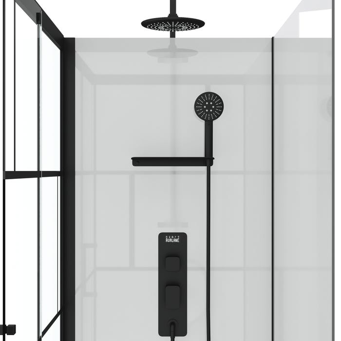 Cabine de douche 110x80cm / Receveur Bas - Verre transparent sérigraphié et Blanc - Profilés Noir 1