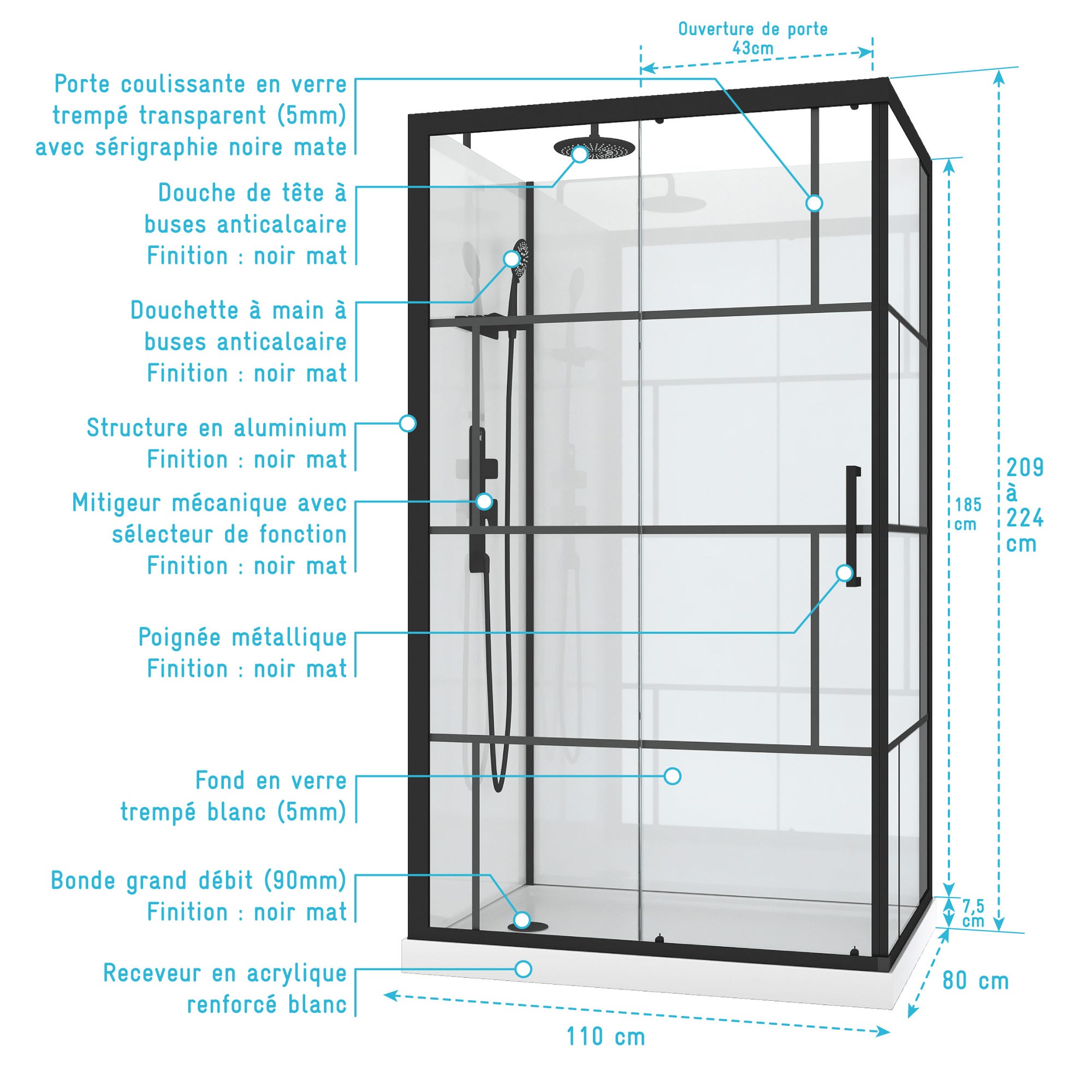 Cabine de douche 110x80cm / Receveur Bas - Verre transparent sérigraphié et Blanc - Profilés Noir 3