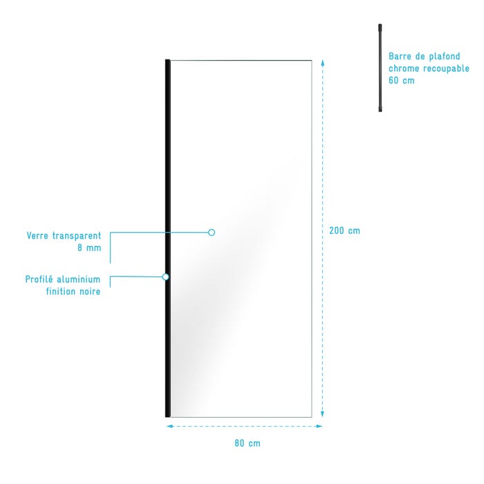 Paroi de Douche 80x200cm Verre Transparent - Profilé + Barre Plafond Noire - FREEDOM 2 BLACK 3