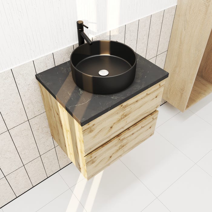 Meuble salle de bains 60cm Chêne Naturel 2 Tiroirs - Plan Effet Marbre Noir + Vasque Ronde Noire 0