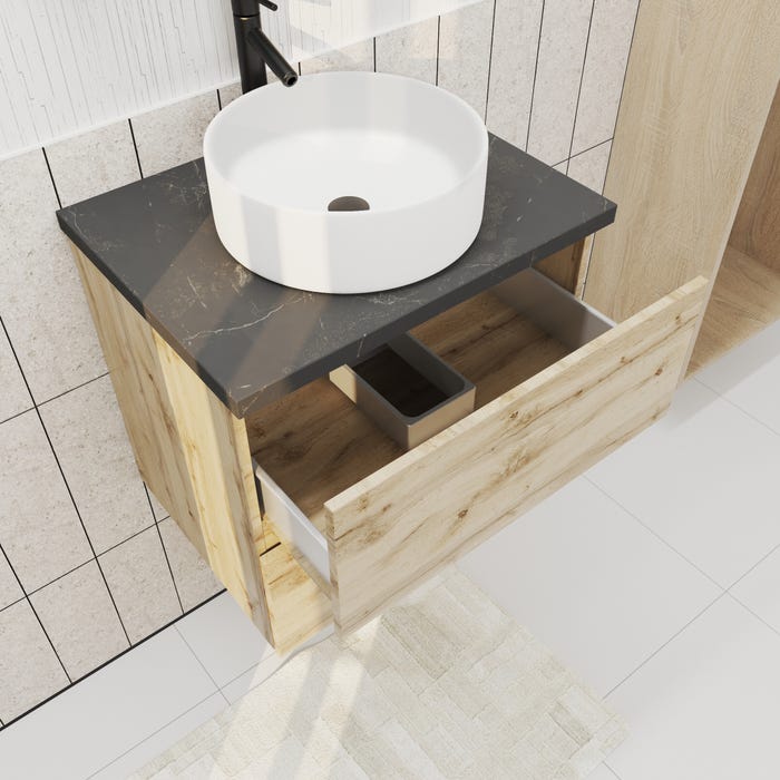 Meuble salle de bains 60cm Chêne Naturel 2 Tiroirs - Plan Effet Marbre Noir + Vasque Ronde Blanche 1