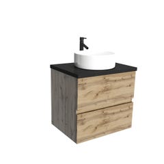 Meuble salle de bains 60cm Chêne Naturel 2 Tiroirs - Plan Effet Marbre Noir + Vasque Ronde Blanche 2