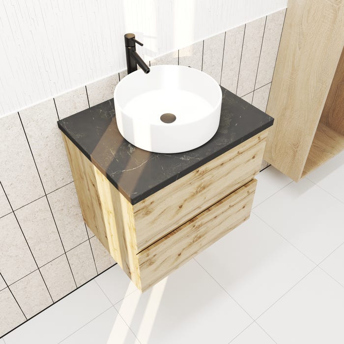 Meuble salle de bains 60cm Chêne Naturel 2 Tiroirs - Plan Effet Marbre Noir + Vasque Ronde Blanche 0
