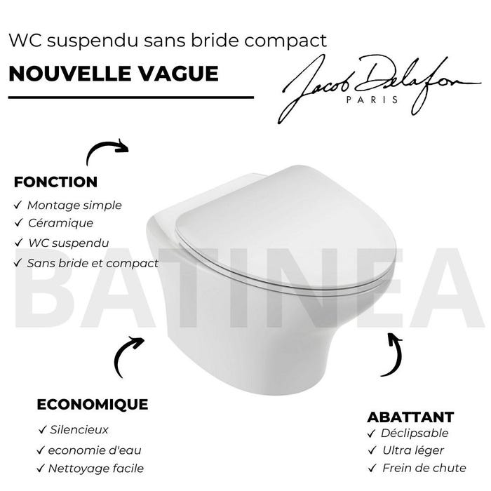 Pack WC suspendu sans bride compact JACOB DELAFON Nouvelle vague+ bâti-support + plaque Chrome + accessoires 3