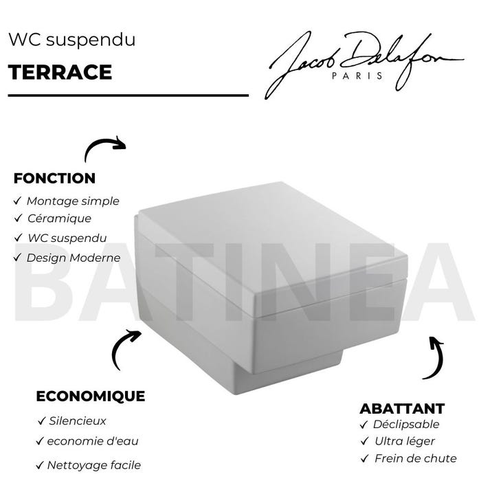 Pack WC suspendu sans bride JACOB DELAFON Terrace+ bâti-support + plaque Blanc brillant/Blanc mat + accessoires 7