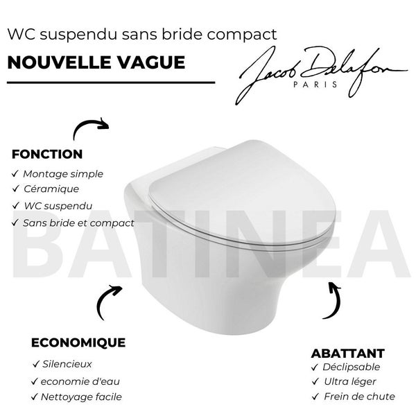 Pack WC suspendu sans bride JACOB DELAFON Nouvelle vague+ bâti-support + plaque Chrome brillant/Blanc mat + accessoires 3