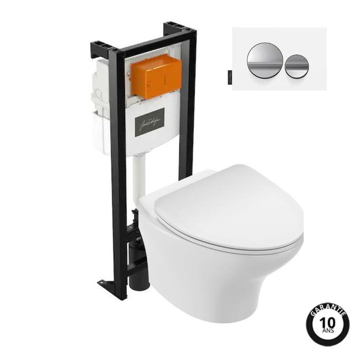 Pack WC suspendu sans bride JACOB DELAFON Nouvelle vague+ bâti-support + plaque Chrome brillant/Blanc mat 0