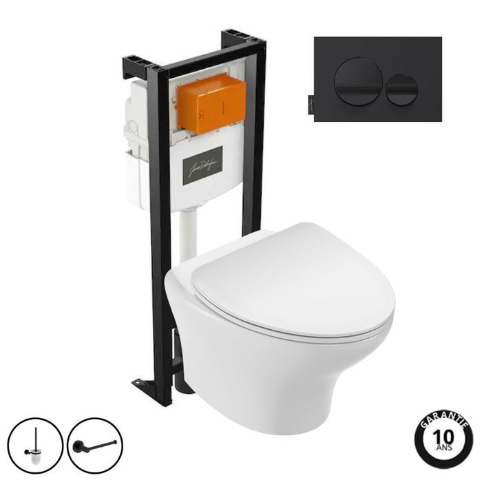Pack WC suspendu sans bride compact JACOB DELAFON Nouvelle vague+ bâti-support + plaque Noir brillant/Noir mat + accessoires 5
