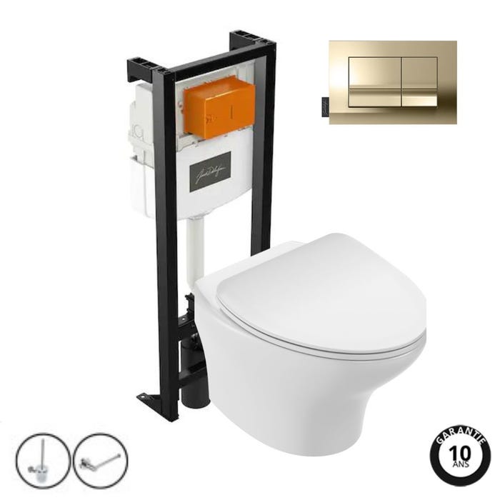 Pack WC suspendu sans bride compact JACOB DELAFON Nouvelle vague+ bâti-support + plaque Or Beige + accessoires 0