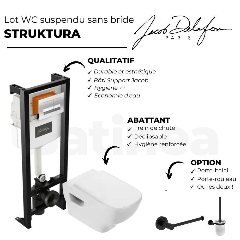 Pack WC suspendu sans bride JACOB DELAFON Struktura+ bâti-support + plaque Noir brillant/Noir mat + accessoires 3