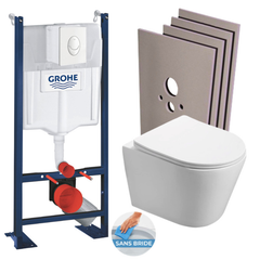 Grohe Pack WC Bâti autoportant + WC sans bride SAT Infinitio + Abattant softclose + Plaque blanc alpin + Set habillage 0