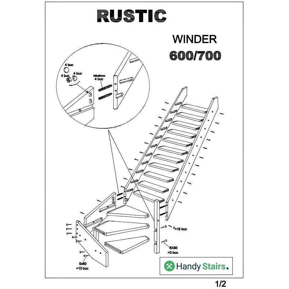 HandyStairs Escalier de meunier "Rustic60" - Quart tournant à gauche - Hauteur 280cm - 13 marches en pin 1