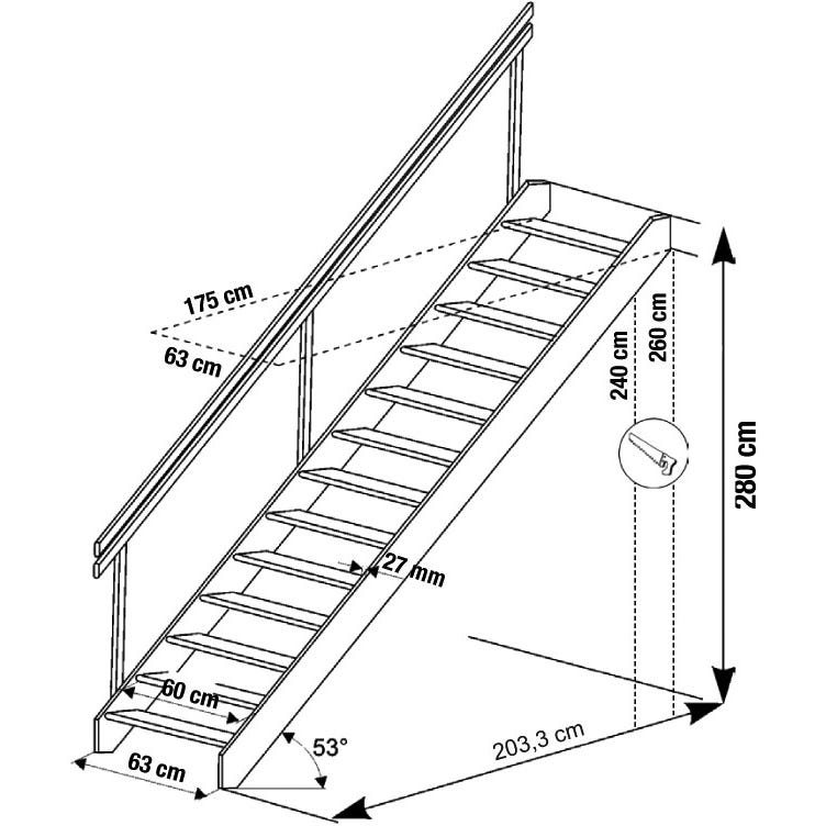HandyStairs escalier de meunier "Tudor" avec main courante - 63 cm de large - 280 cm de hauteur - 13 marches en pin 1