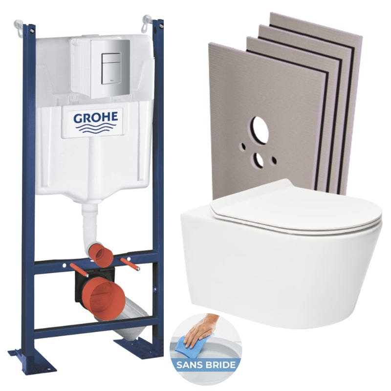 Grohe Pack WC Bâti autoportant + WC sans bride SAT, fixations invisibles + abattant slim, softclose + Plaque + Set habillage 0