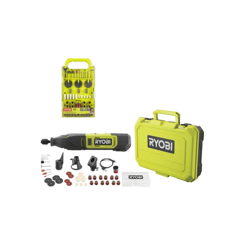 Pack RYOBI - Mini-outil multifonction RRT12-120BA3/35 - 12V - 1 Batterie 2.0Ah - 1 Câble USB C - 35 Accessoires - Kit de 155 accessoires - RAKRT155 0