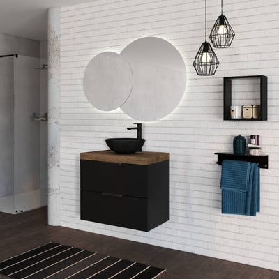 Meuble de salle de bain PLAY 80cm Noir Mat + plan vasque à poser Chêne Foncé 1