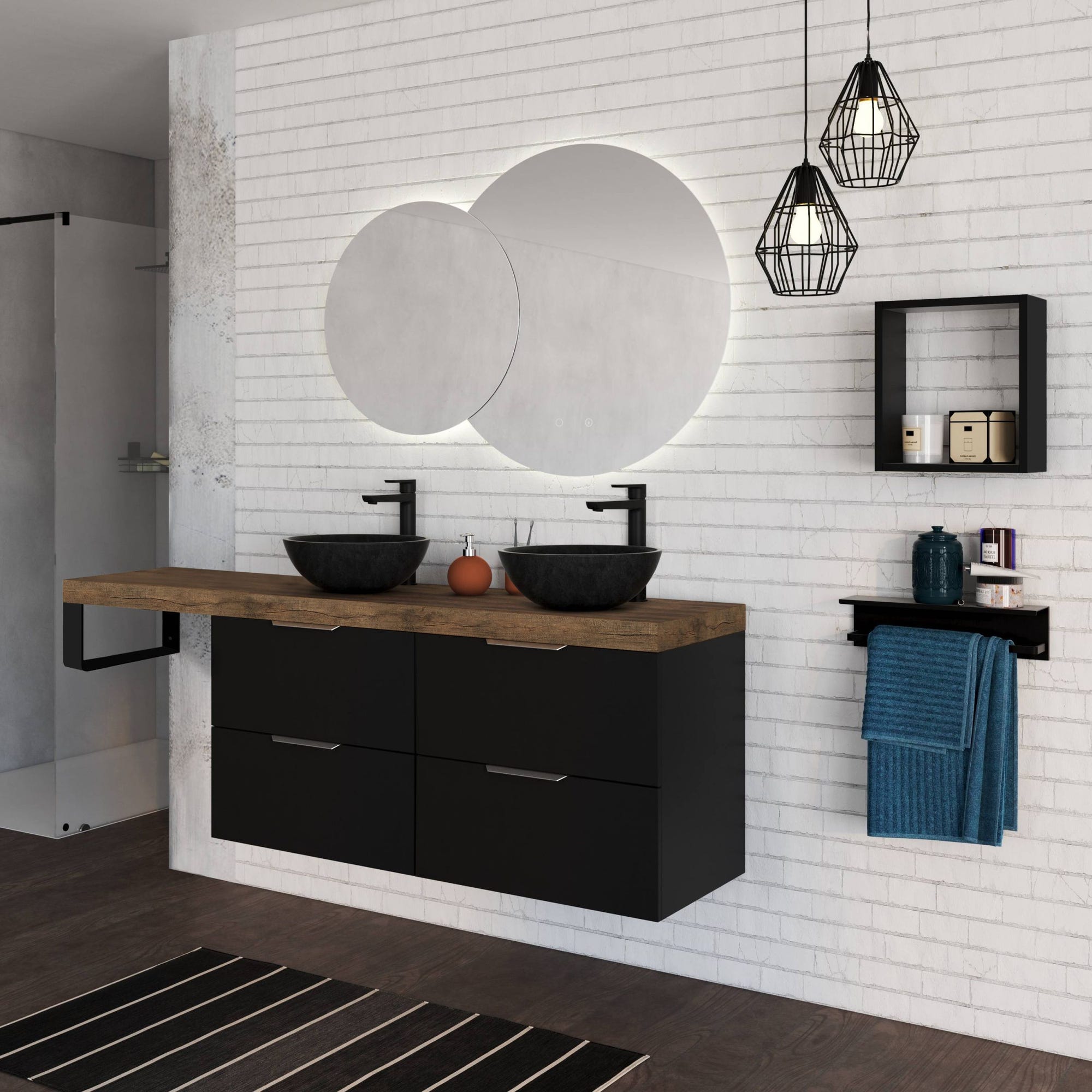 Meuble de salle de bain à suspendre Noir 120 cm avec rangement + plan vasque à poser PLAY 1
