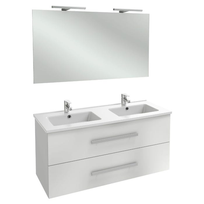 Meuble lavabo double vasque JACOB DELAFON Ola Up + miroir + spots, blanc brillant 0