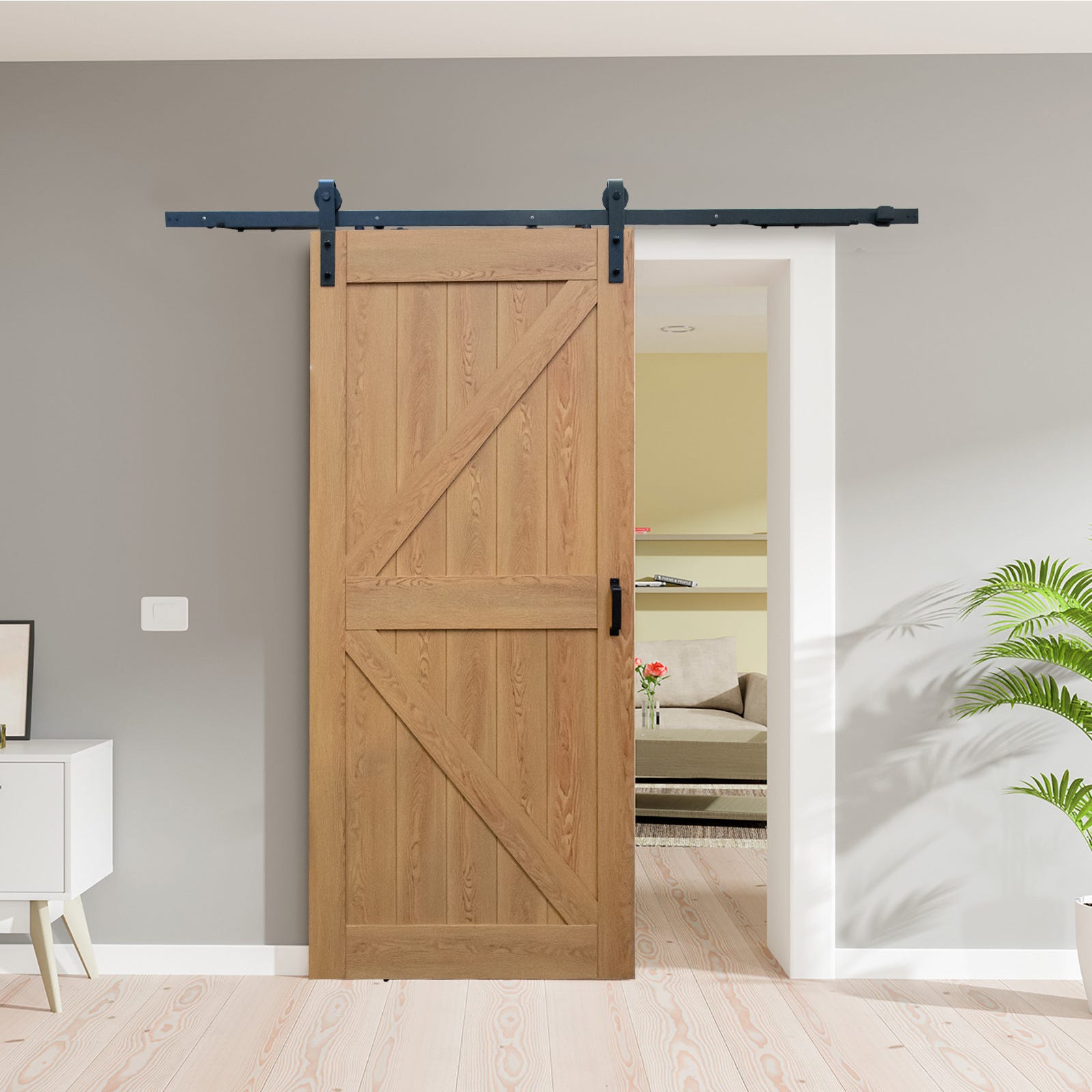 Schulte Porte pleine coulissante intérieure en bois, 90 x 215 cm, décor porte de grange Oak, Système ouvert noir 0