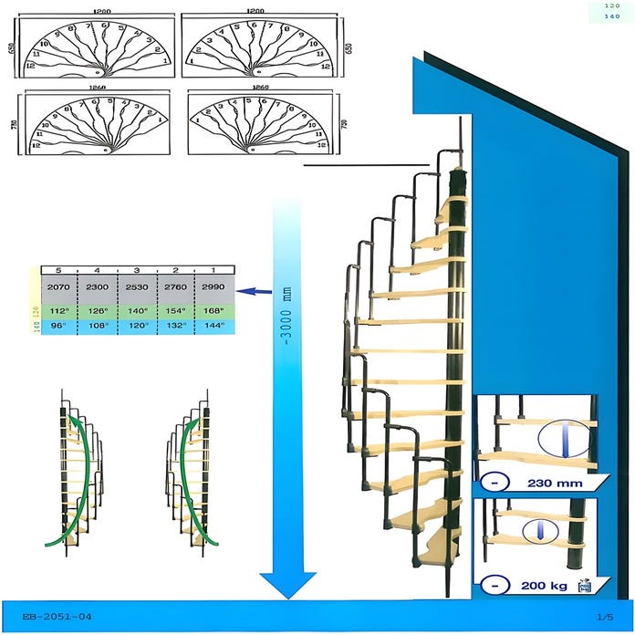 HandyStairs escalier en colimaçon gain de place "Sampax" - 120x60 cm - hauteur 299 cm - 12 marches en hêtre - Gris 2
