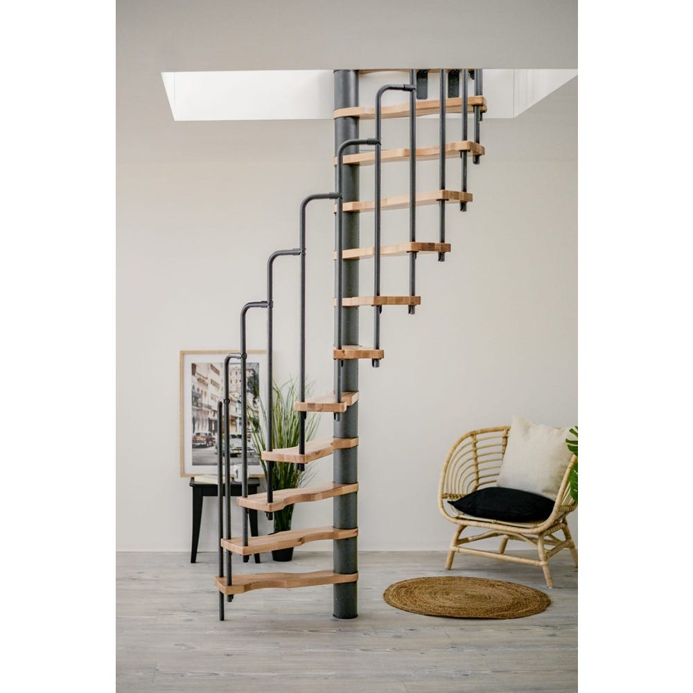 HandyStairs escalier en colimaçon gain de place "Sampax" - 120x60 cm - hauteur 299 cm - 12 marches en hêtre - Gris 0