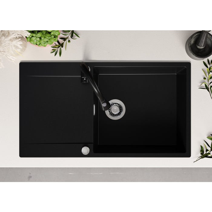 Evier Cuisine en Granit Tout Noir, 90 x 50 cm, Lavabo 1 bac XL + Kit de Vidage, Évier à Encastrer de Primagran 3