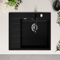 Evier Cuisine en Granit Tout Noir, 78 x 50 cm, Lavabo 1 bac + Kit de Vidage, Évier à Encastrer de Primagran 3
