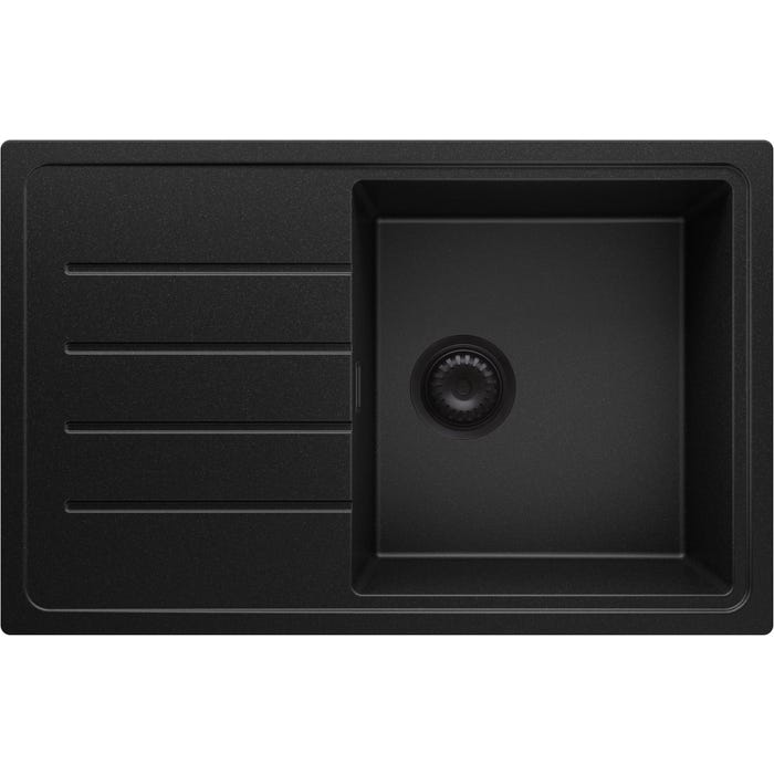 Evier Cuisine en Granit Tout Noir, 78 x 50 cm, Lavabo 1 bac + Kit de Vidage, Évier à Encastrer de Primagran 0