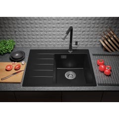 Evier Cuisine en Granit Tout Noir, 62 x 50 cm, Lavabo 1 bac + Kit de Vidage, Évier à Encastrer de Primagran 3