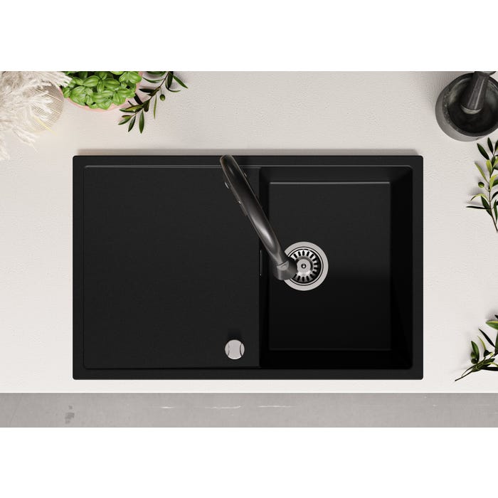 Evier Cuisine en Granit Tout Noir, 78 x 50 cm, Lavabo 1 bac + Kit de Vidage, Évier à Encastrer Ibiza 780 de Primagran 3