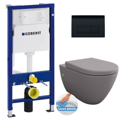 Geberit Pack WC bati-support Duofix UP100 + WC sans bride Livea Bello, Gris mat + Abattant softclose + Plaque noir brillant